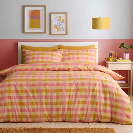 Block Check Cotton Blend Duvet Cover Set - Orange - Block Check Duvet Cover Set In Orange 4