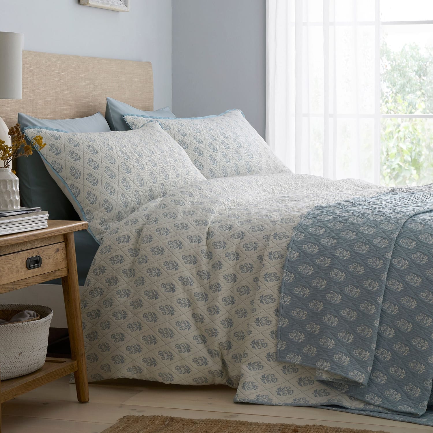 Decorative Block Floral Jacquard Bedspread Blue 235cm x 235cm - Block Floral Bedspread In Blue 235 X 235Cm 3