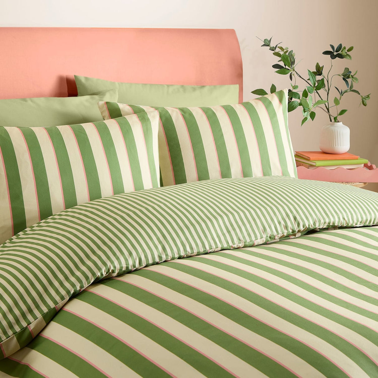 Bold Stripe Green Polycotton Duvet Cover Set - Bold Stripe Duvet Cover Set In Green 2