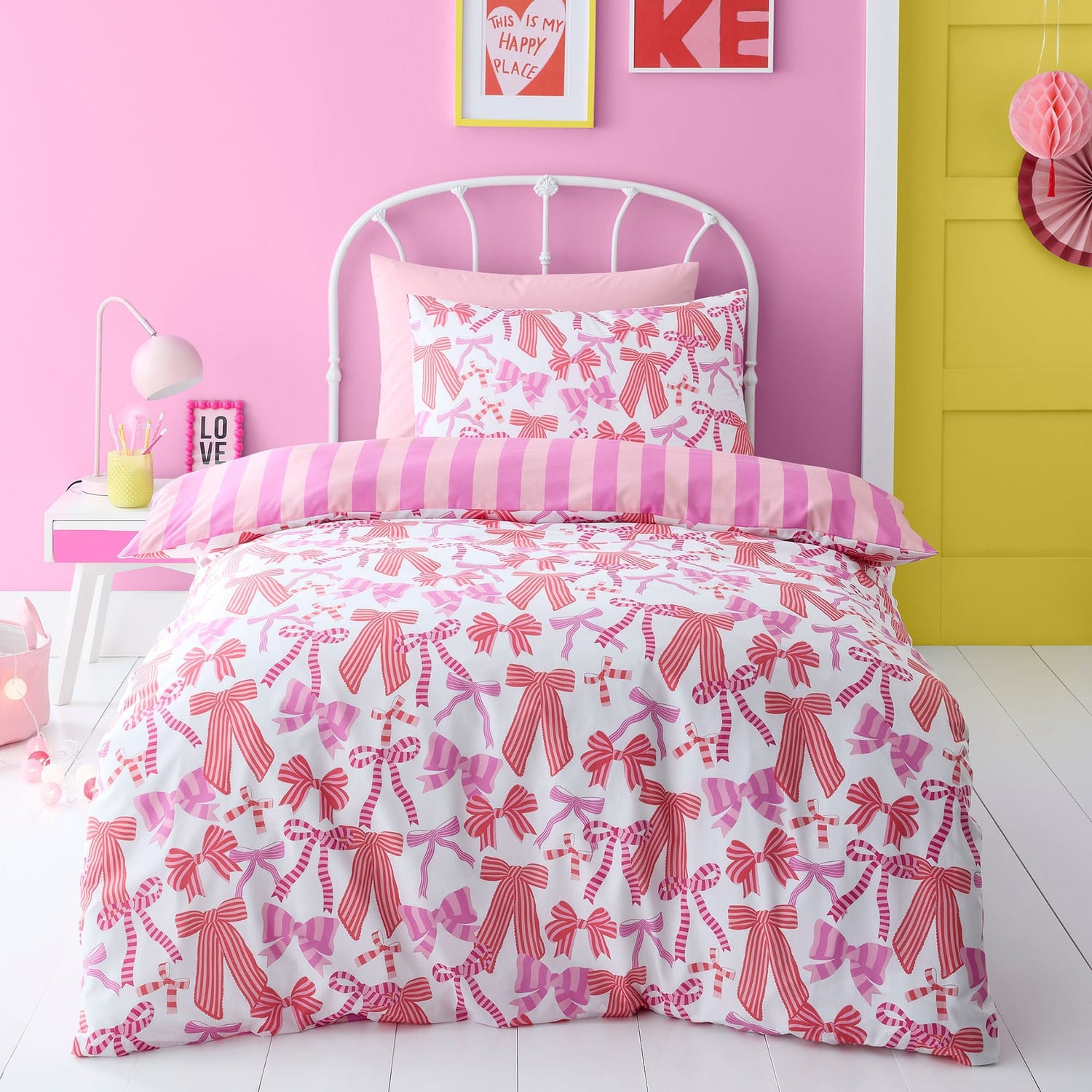 Bow and Stripes Microfibre Duvet Cover Set - Pink