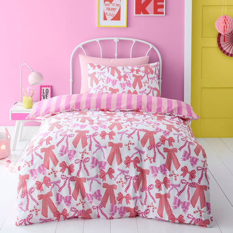 Bow and Stripes Microfibre Duvet Cover Set - Pink