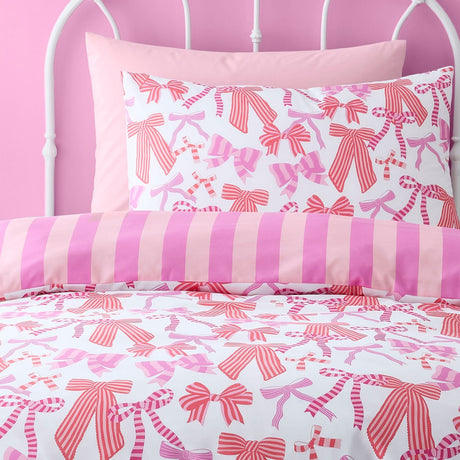 Bow and Stripes Microfibre Duvet Cover Set - Pink - Bow And Stripes Duvet Cover Set In Pink 2