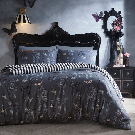 Bows Noir Grey Polycotton Duvet Cover Set