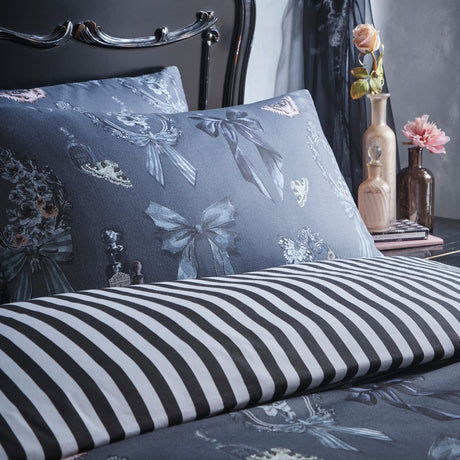 Bows Noir Grey Polycotton Duvet Cover Set - Bows Noir Halloween Duvet Cover Set In Grey 2