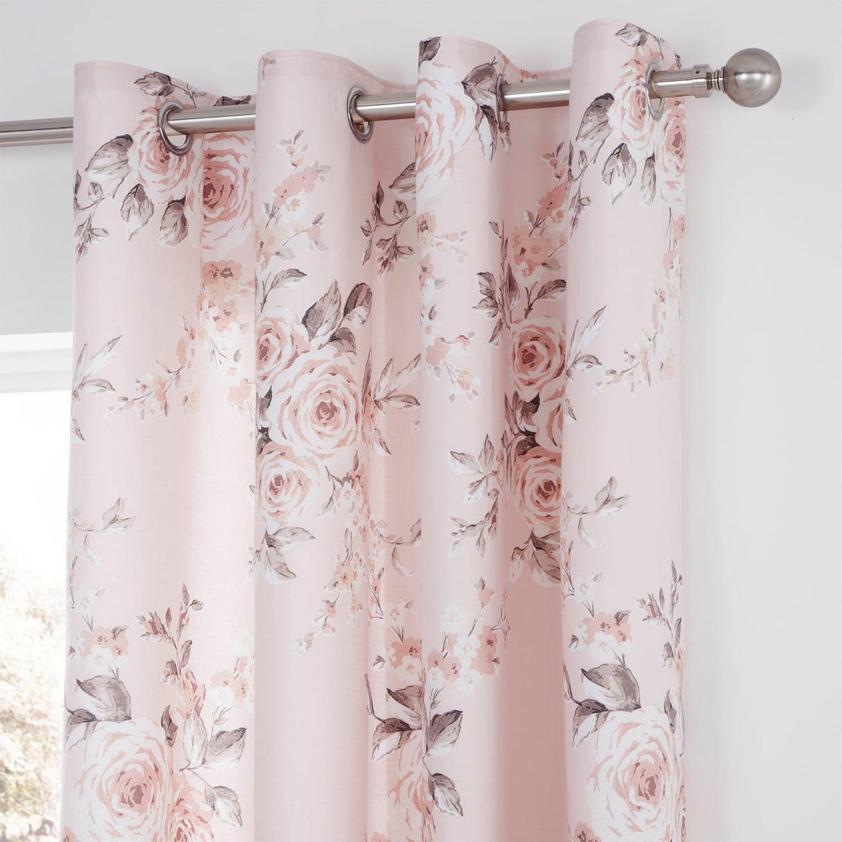 Catherine Lansfield Canterbury Floral Eyelet Curtains - Blush Polycotton