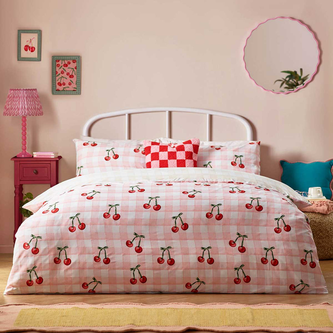 Cherry Gingham Polycotton Duvet Cover Set Pink