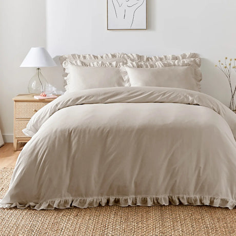 Cassia Frill 100% Cotton Duvet Cover Set - Natural