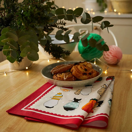 Christmas Cats in Waiting Cotton Tea Towel in Red