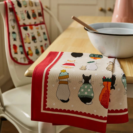 Christmas Cats in Waiting Cotton Tea Towel in Red