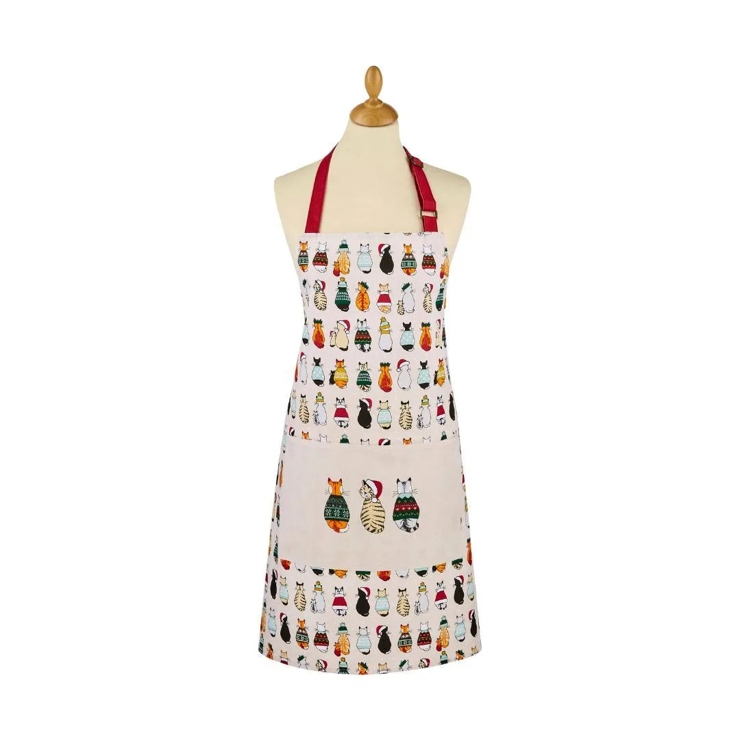 Christmas Cats in Waiting Cotton Apron in Red/Cream