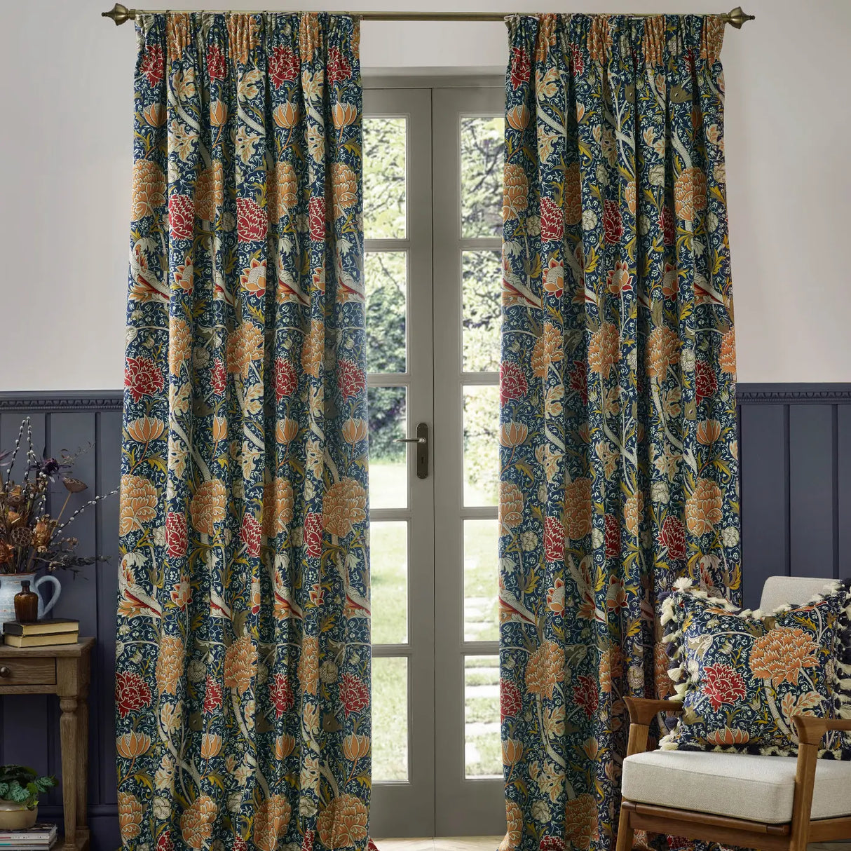 Cray Tape Top Pencil Pleat Curtains - Indigo / Berry