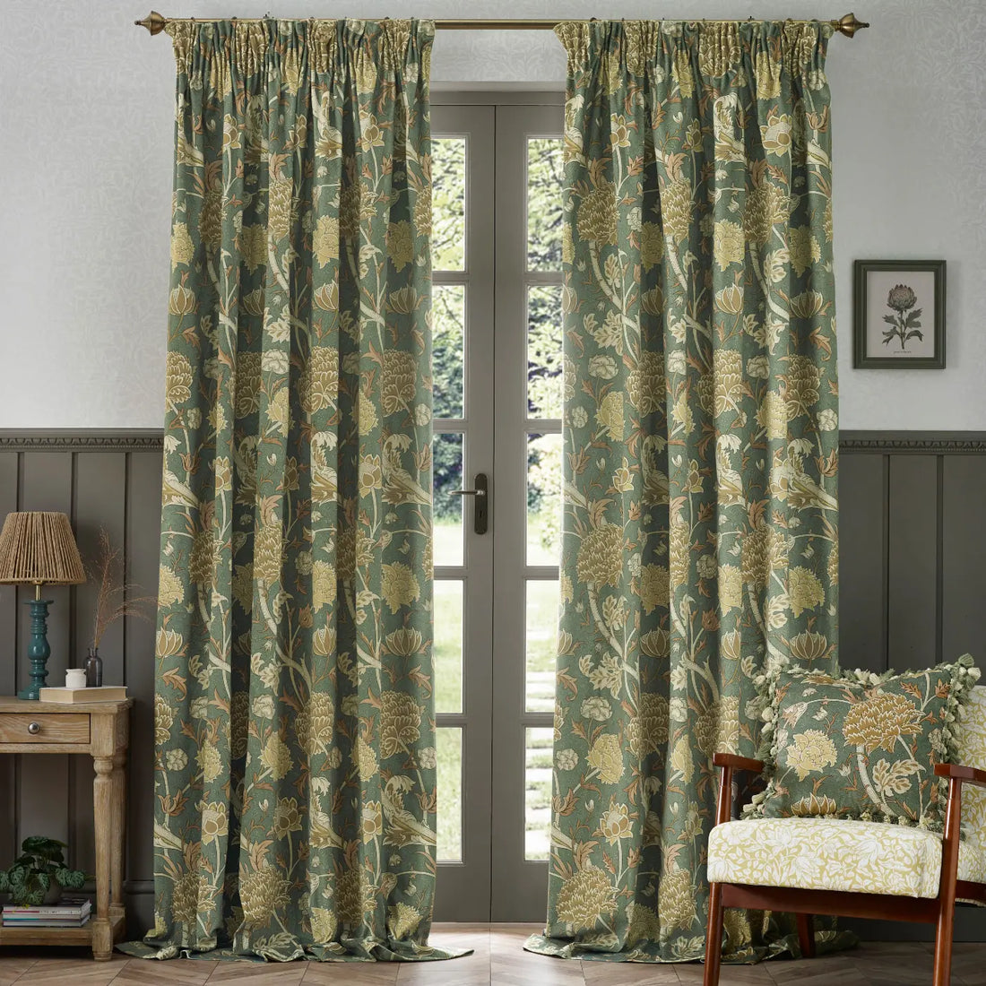 Cray Sage / Sunflower Velvet Thermal Blackout Dimout Pencil Pleat Curtains
