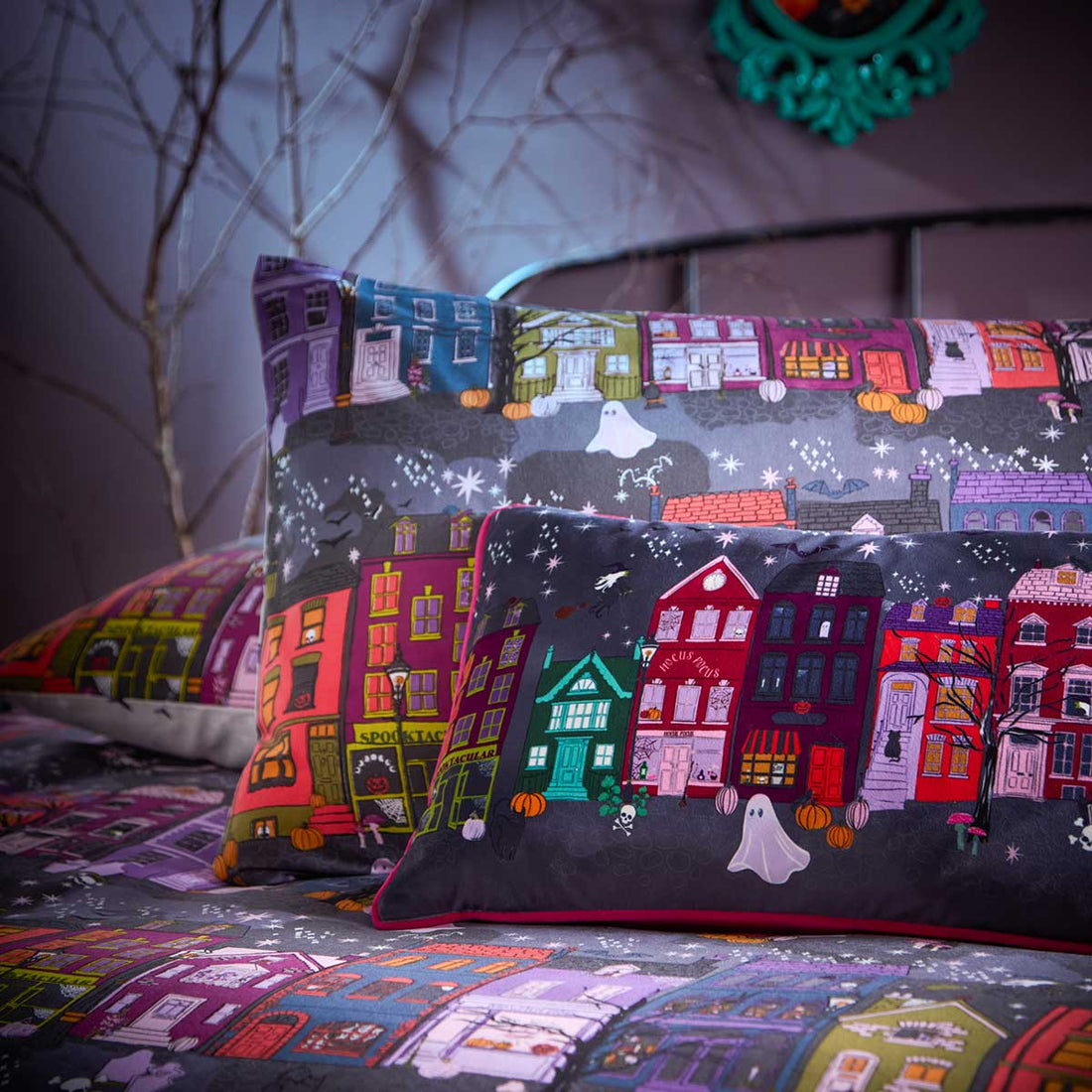 Creepy Town Velvet Charcoal Black Cushion Cover or Filled Cushion 30cm x 50cm