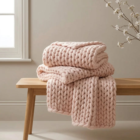 Cable Knit Pink Throw Blanket 127cm x 152cm-2