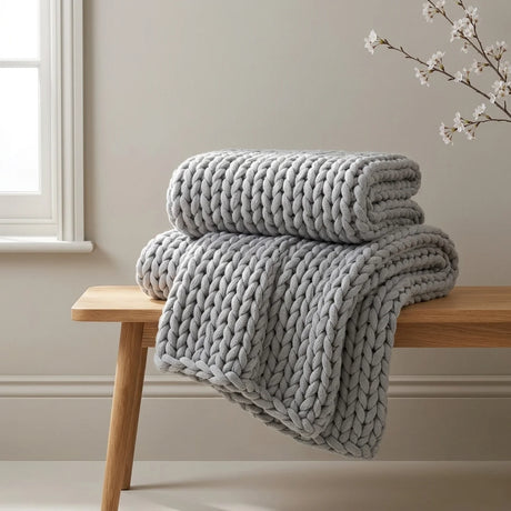 Cable Knit Silver Grey Throw Blanket 127cm x 152cm-3