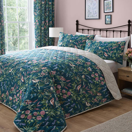 Caraway Floral Quilted Bedspread Green Pink 230cm x 200cm