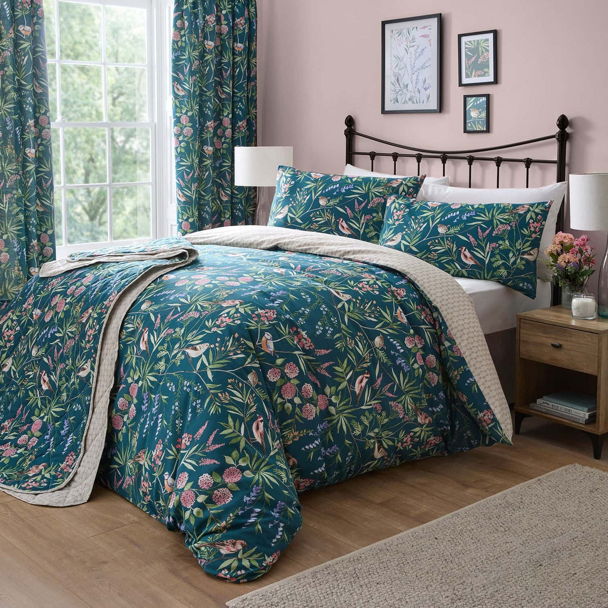 Caraway Floral Quilted Bedspread Green Pink 230cm x 200cm - Caraway Bedspread In Green 200 X 230Cm 2