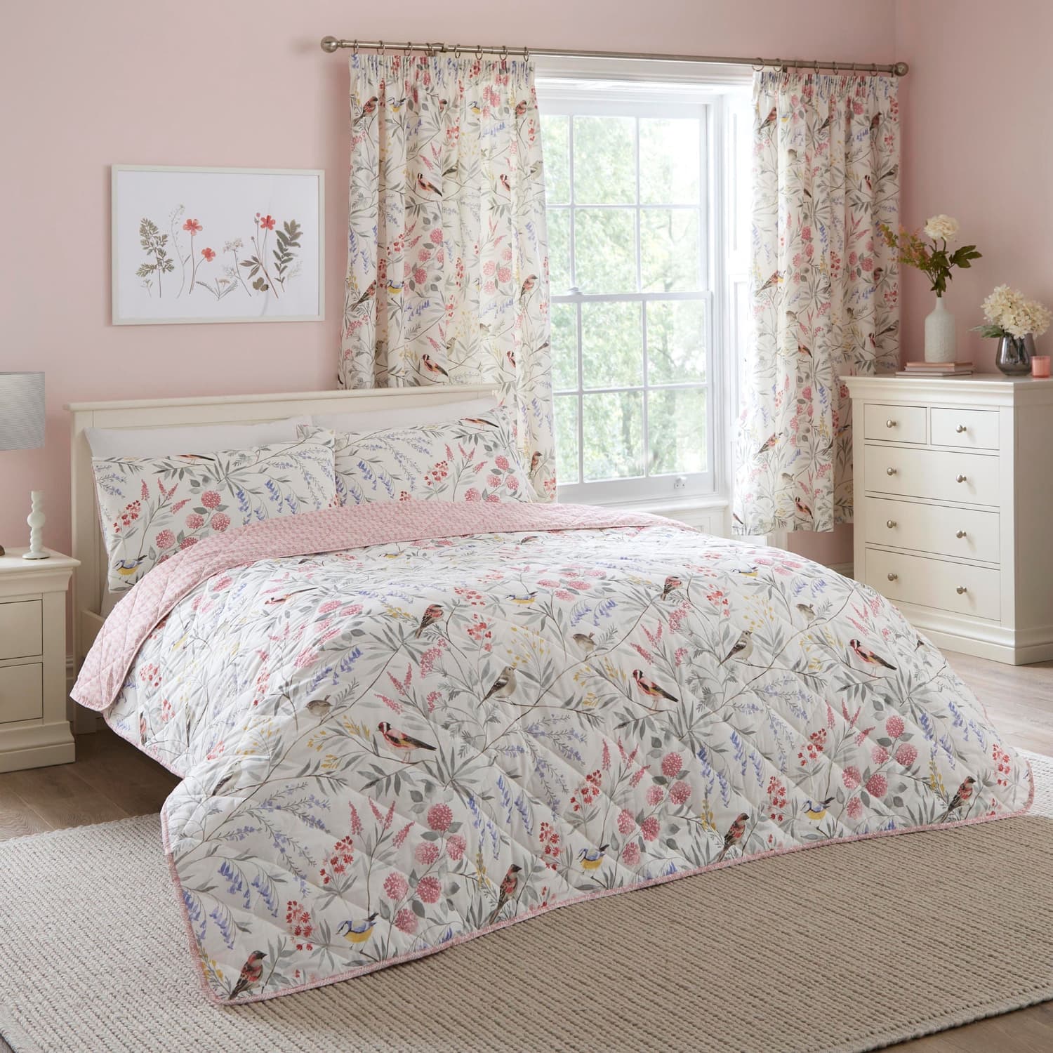 Caraway Floral Quilted Bedspread Green Pink 230cm x 200cm - Caraway Bedspread In Pink 200 X 230Cm 1
