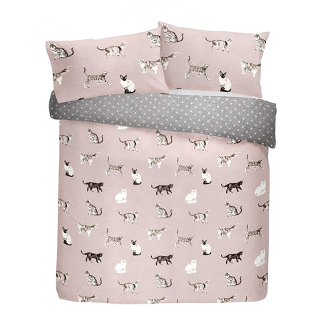 Cats Reversible Polycotton Duvet Cover Set - Blush - Cats Duvet Cover Set In Blush 4