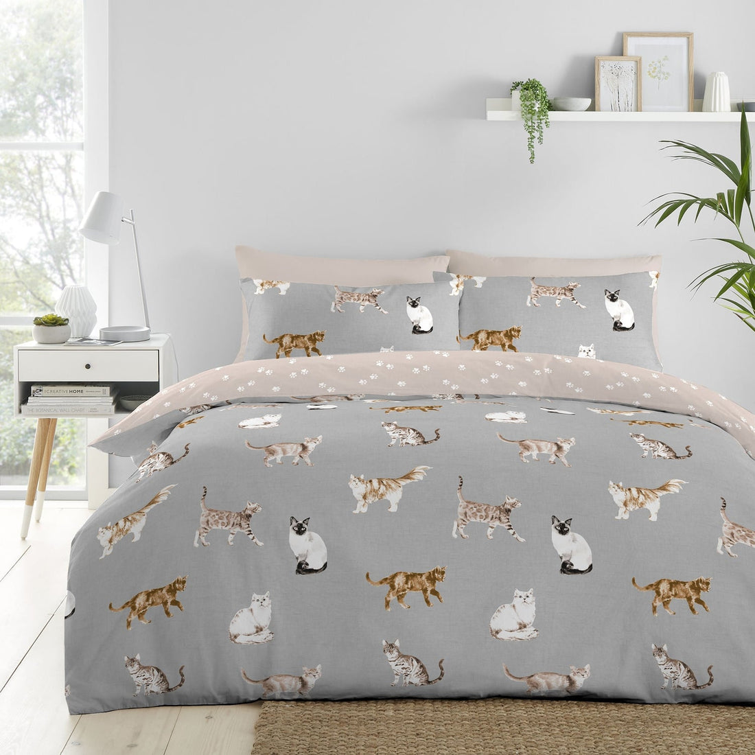 Cats Reversible Grey Duvet Cover Bedding Set