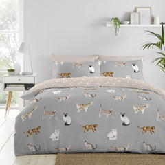 Cats Reversible Grey Duvet Cover Bedding Set