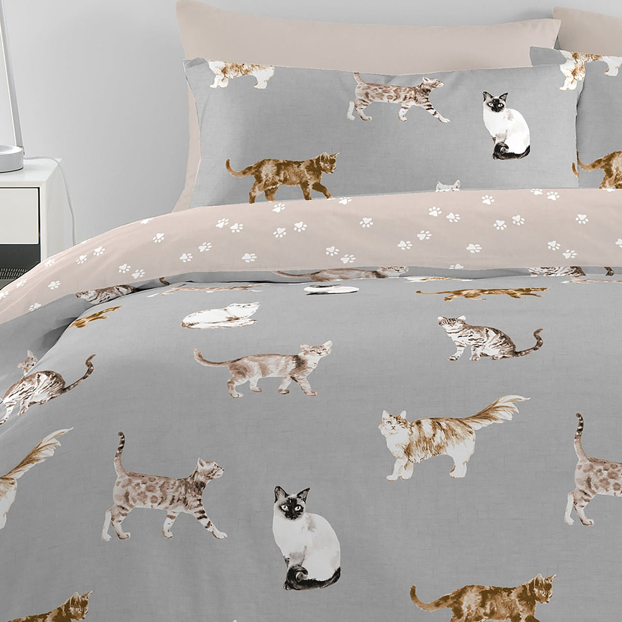 Cats Reversible Polycotton Duvet Cover Set - Grey - Cats Duvet Cover Set In Grey 2