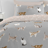 Cats Reversible Polycotton Duvet Cover Set - Grey - Cats Duvet Cover Set In Grey 2
