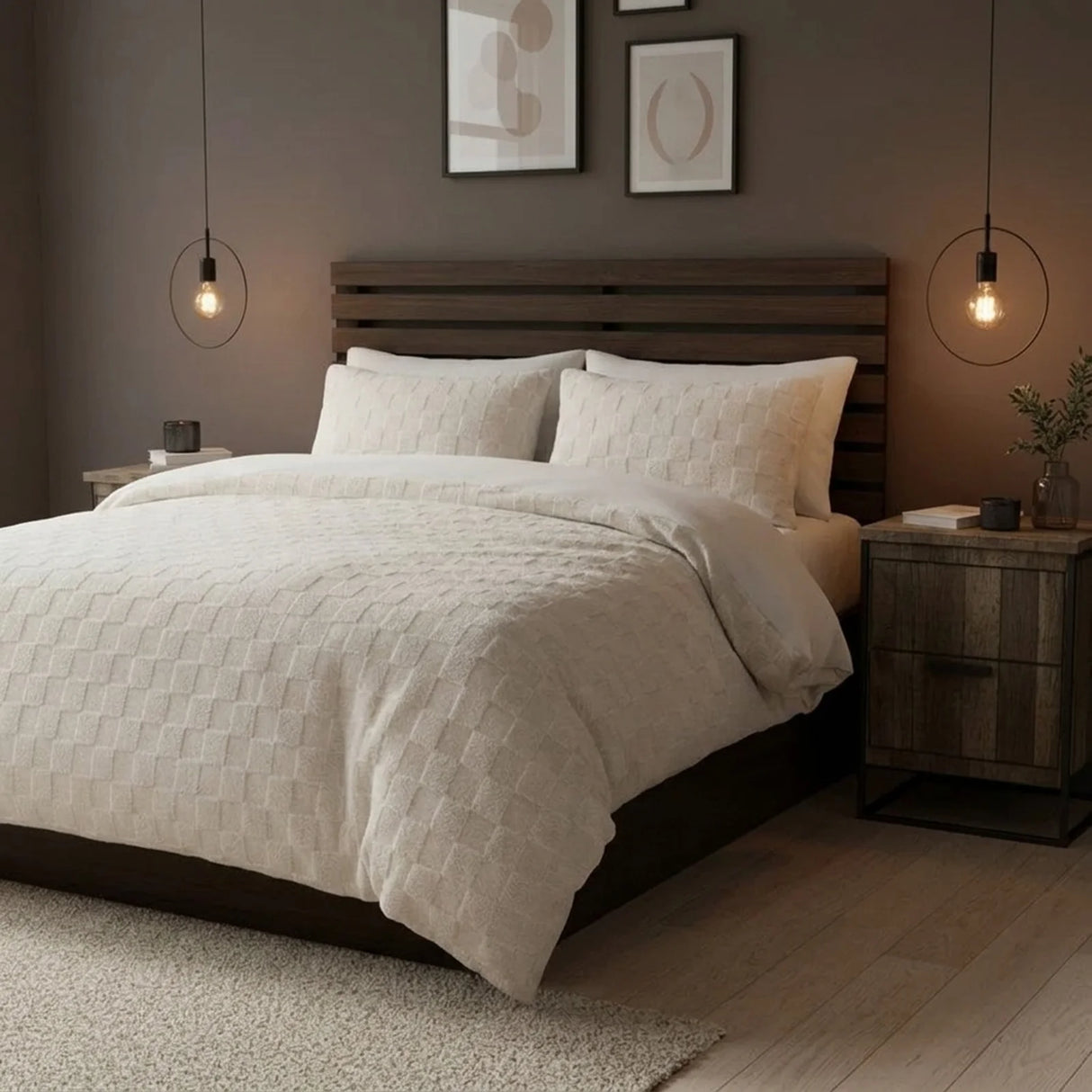 Check Teddy Cream Fleece Duvet Cover Bedding Set-1