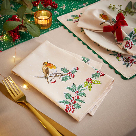 Ulster Weavers Christmas Robins Cotton Accessories Napkin 2 Pack - Christmas Robins Napkins 2 Pack In Green 2