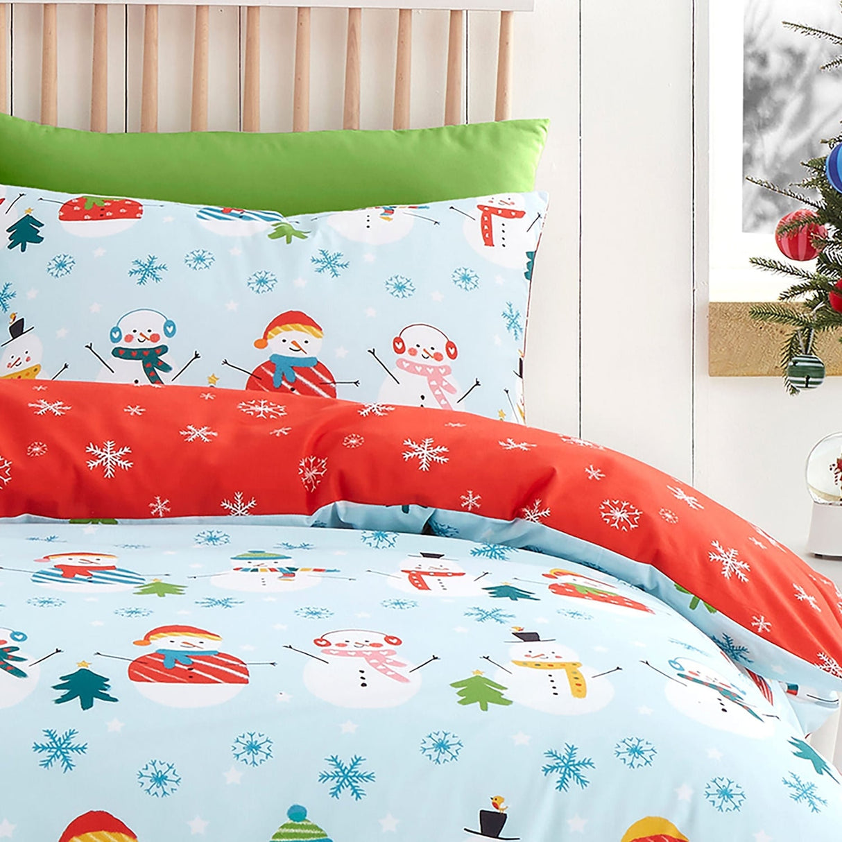 Snowman Christmas Duvet Cover Set Festive Microfibre Bedding - Christmas Snowman Duvet Cover Set In Duck Egg 2
