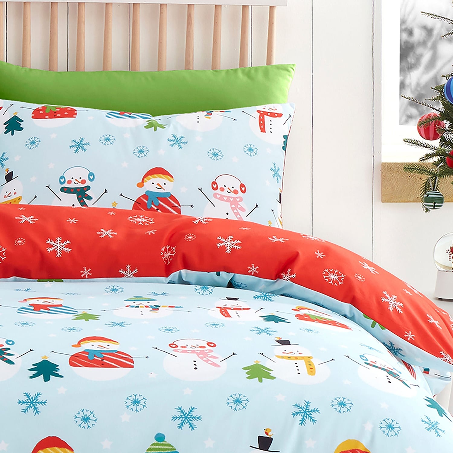 Snowman Christmas Duvet Cover Set Festive Microfibre Bedding - Christmas Snowman Duvet Cover Set In Duck Egg 2