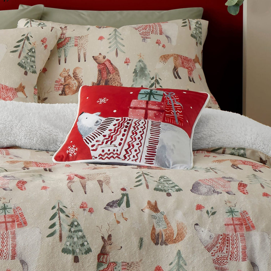 Christmas Woodland Animals Red Velvet Cushion Cover 43cm x 43cm