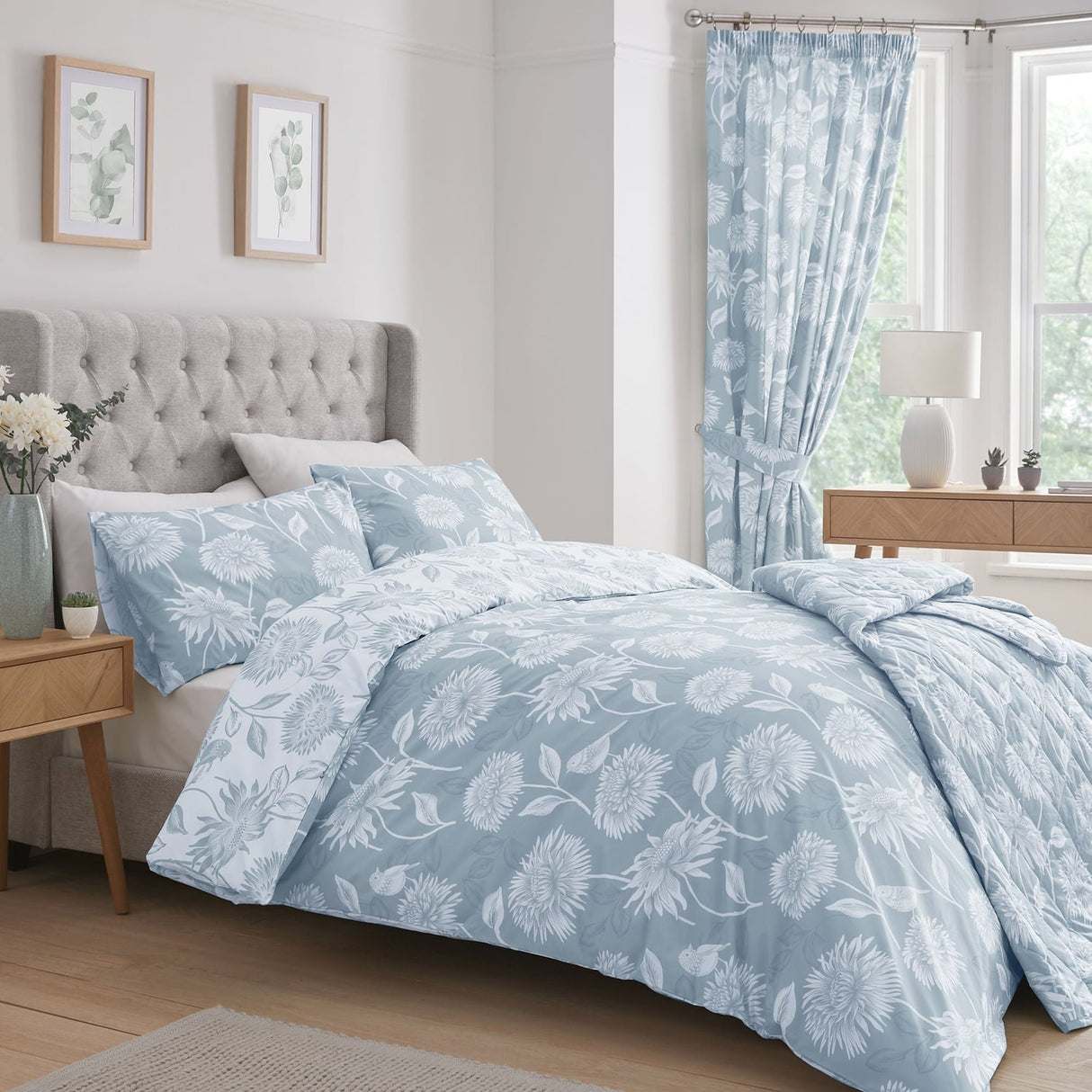 Chrysanthemum Floral Bedspread Blue and Green 230cm x 200cm - Chrysanthemum Bedspread In Blue 200 X 230Cm 2