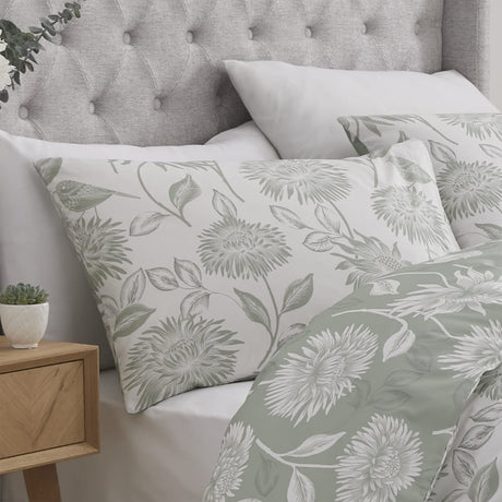 Chrysanthemum Floral Polycotton Duvet Cover Set - Green - Chrysanthemum Duvet Cover Set In Green 5