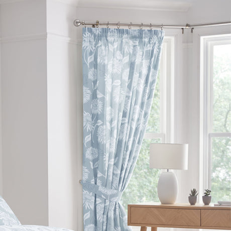 Chrysanthemum Floral Pencil Pleat Curtains - Blue Thermal Light Filtering