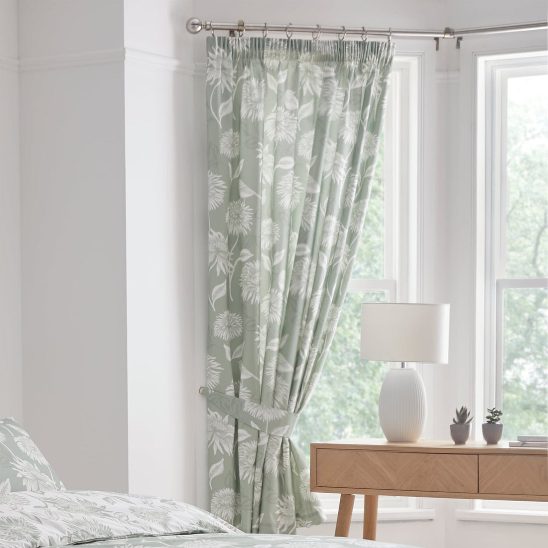 Chrysanthemum Floral Green Thermal Pencil Pleat Curtains