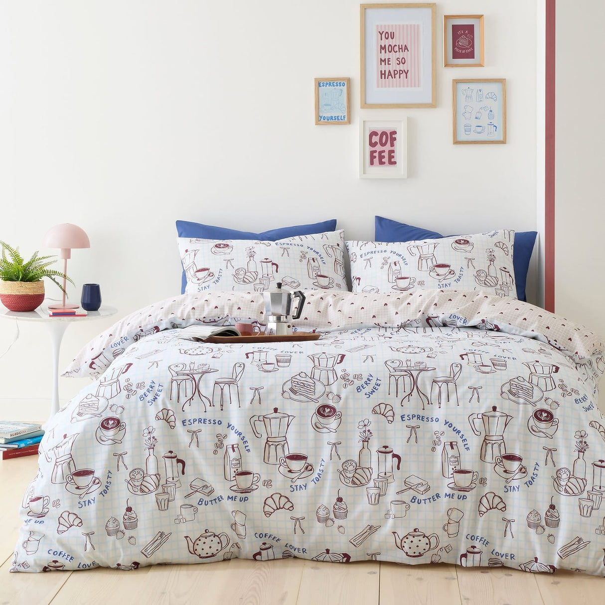 Coffee Club Blue Polycotton Duvet Cover Set