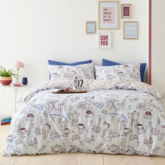 Coffee Club Blue Polycotton Duvet Cover Set