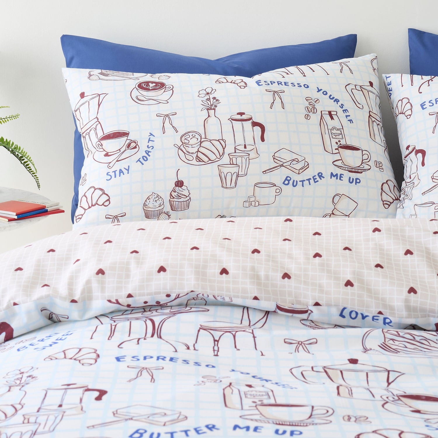 Coffee Club Blue Polycotton Duvet Cover Set - Coffee Club Duvet Cover Set In Blue 2