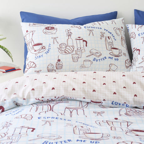 Coffee Club Blue Polycotton Duvet Cover Set - Coffee Club Duvet Cover Set In Blue 2