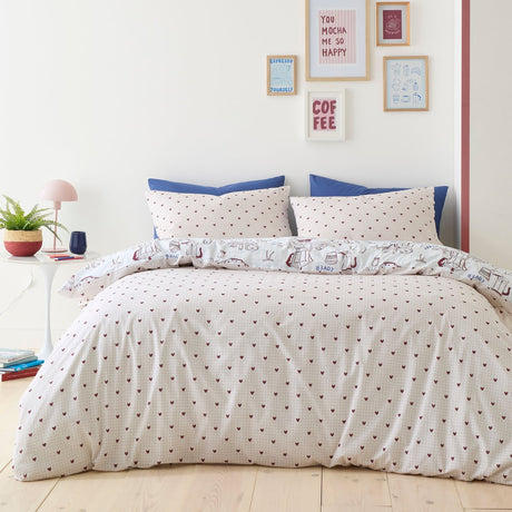Coffee Club Blue Polycotton Duvet Cover Set - Coffee Club Duvet Cover Set In Blue 4