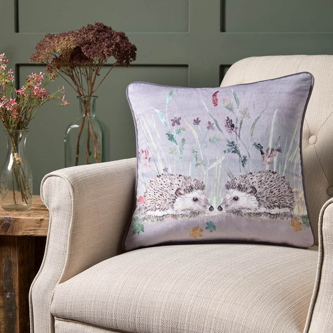 Colville Hedgehog Floral Grey Velvet Cushion Cover