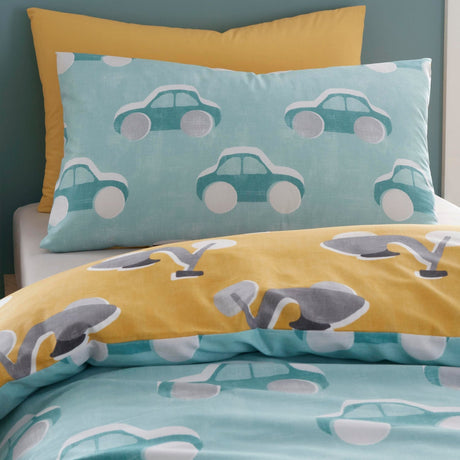 Cool Cars Reversible Kids Single 100% Cotton Duvet Cover Set - Cool Cars Duvet Cover Set In Duck Egg 2