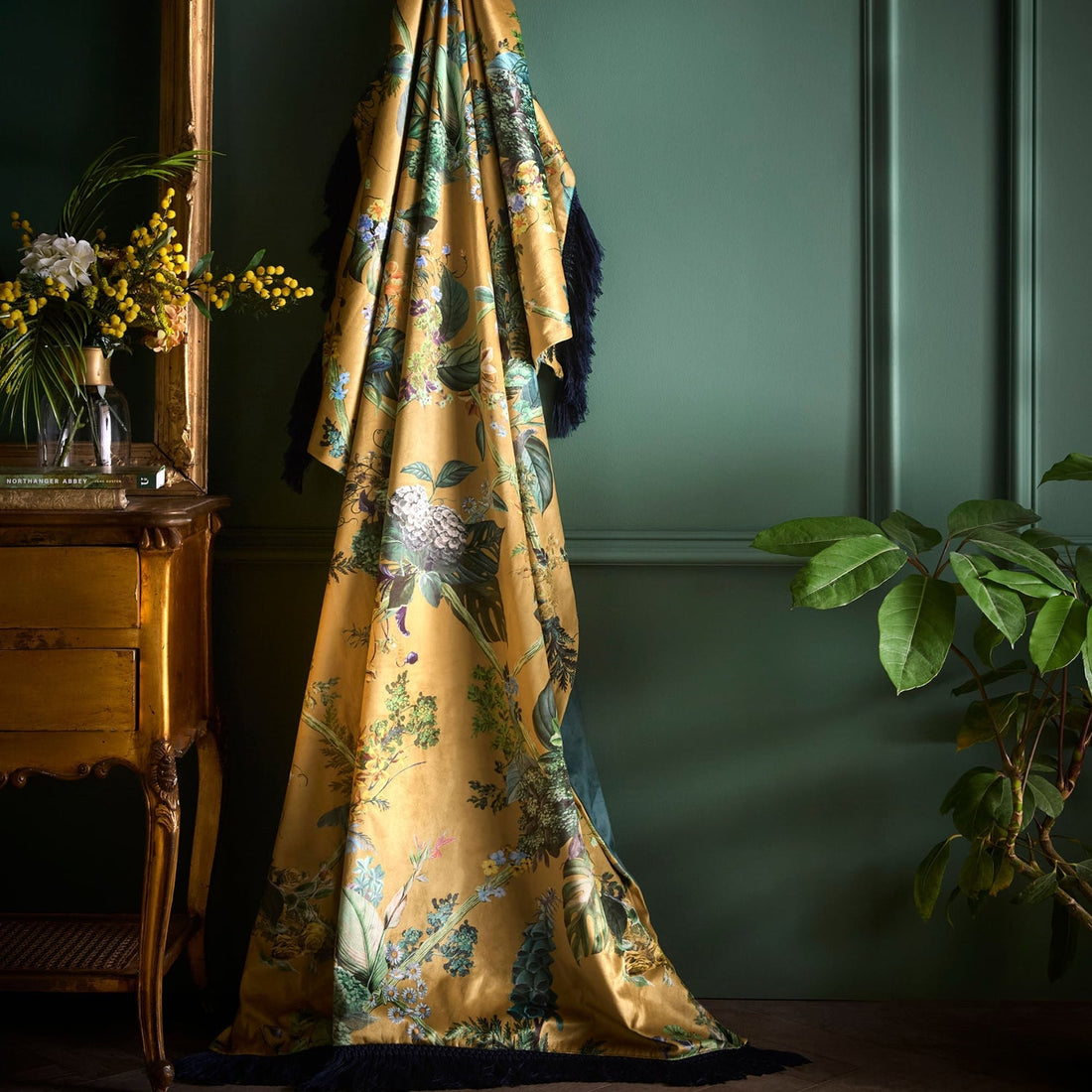 Laurence Llewelyn-Bowen Cotswold Fantasia Navy Floral Cosy Tasselled Gold Velvet Throw Blanket 130cm x 180cm