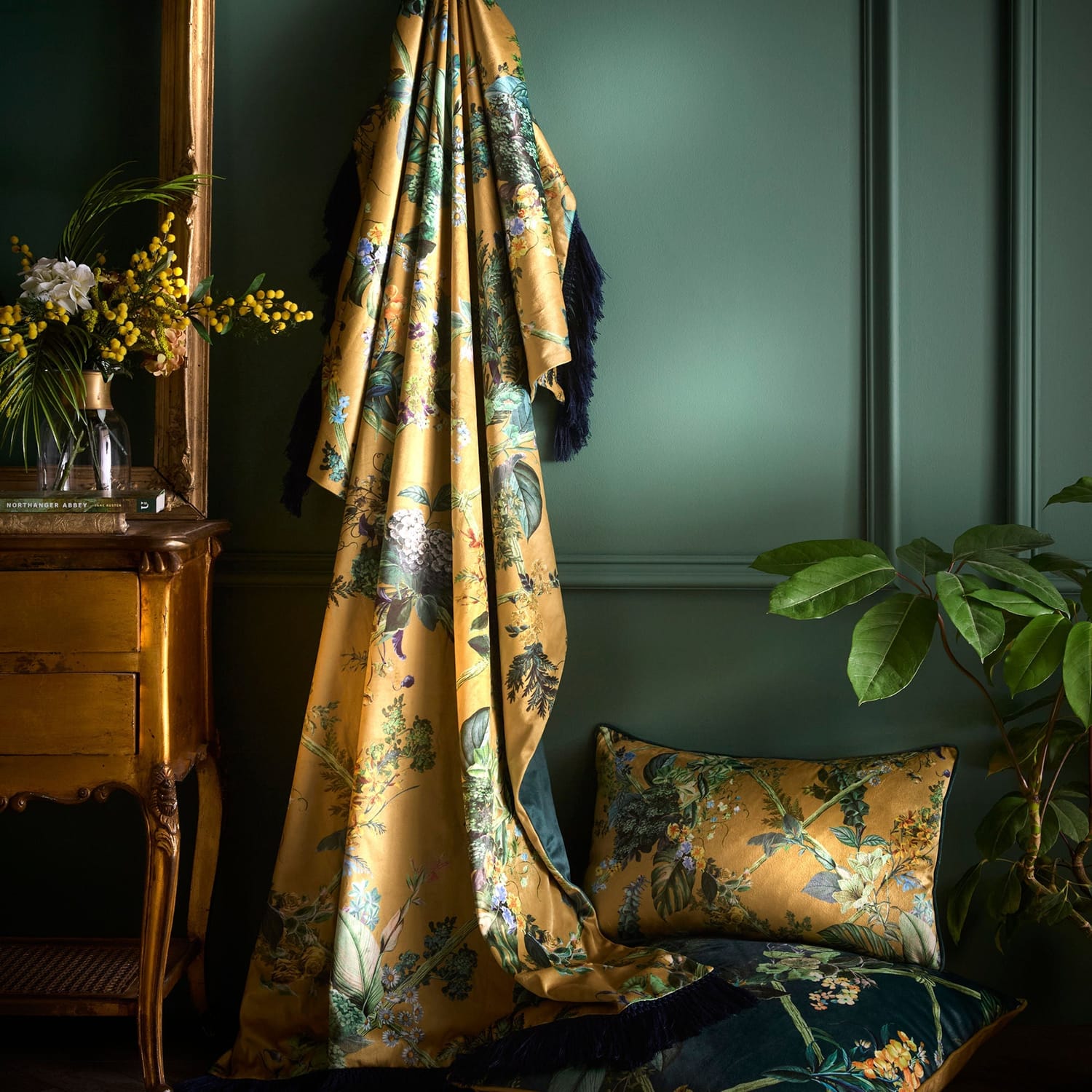 Laurence Llewelyn-Bowen Cotswold Fantasia Navy Floral Cosy Velvet Tasselled Throw – Gold – 130cm x 180cm - Cotswold Fantasia Throw In Gold 130 X 180Cm 4