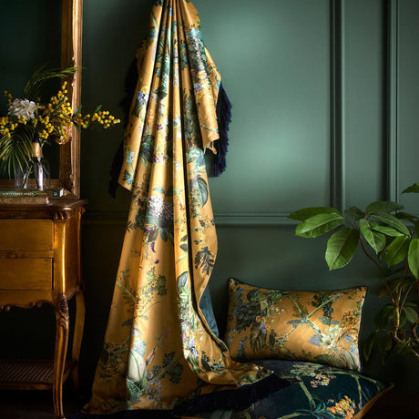 Laurence Llewelyn-Bowen Cotswold Fantasia Navy Floral Cosy Velvet Tasselled Throw – Gold – 130cm x 180cm - Cotswold Fantasia Throw In Gold 130 X 180Cm 4