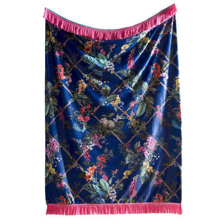 Laurence Llewelyn-Bowen Cotswold Fantasia Navy Floral Cosy Velvet Tasselled Throw – Navy – 130cm x 180cm - Cotswold Fantasia Throw In Navy 130 X 180Cm 2