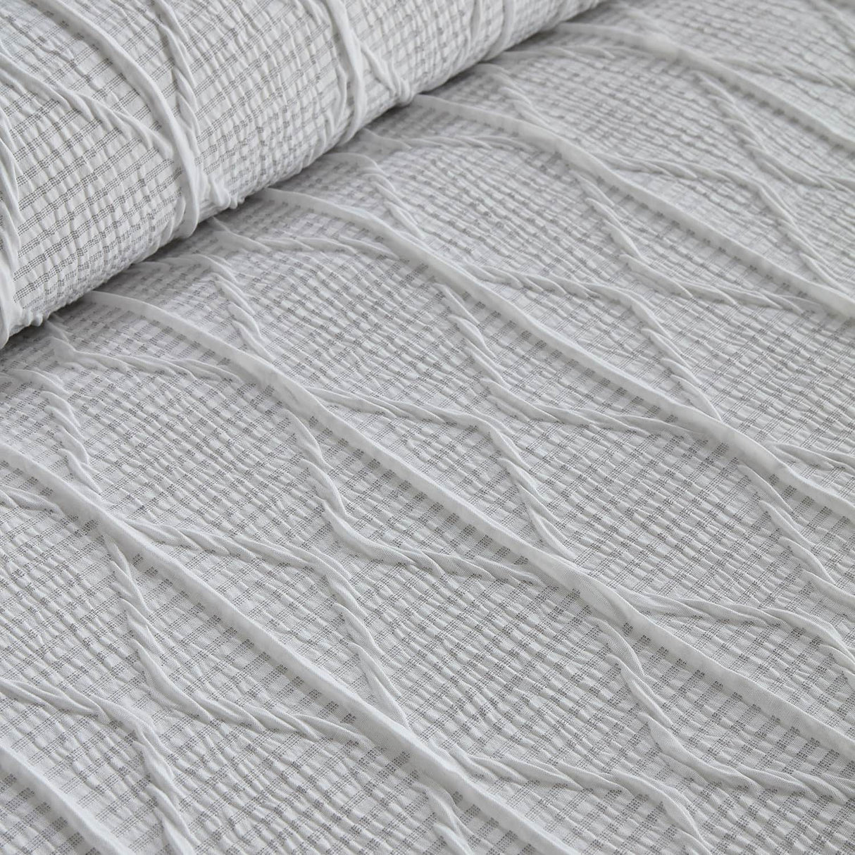 Crinkle Stripe Textured White Recycled Duvet Cover Set - Crinkle Stripe Duvet Cover Set In White 3