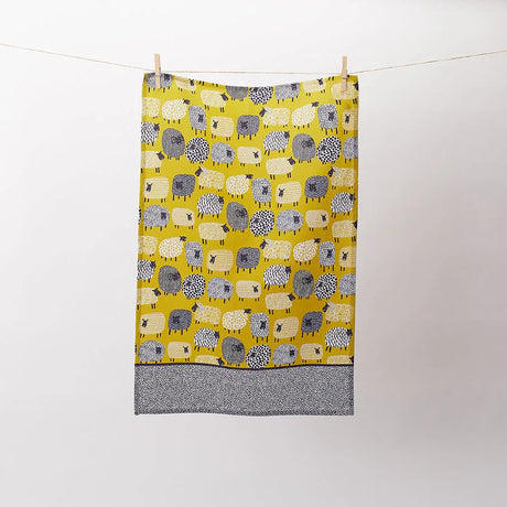 Dotty Sheep Cotton Tea Towel in Yellow