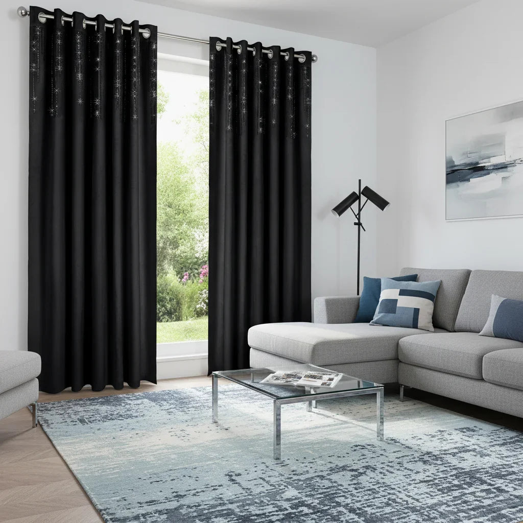 Alan Symonds Diamondo Velvet Blackout Eyelet Ring Top Curtains in Black - Image 5